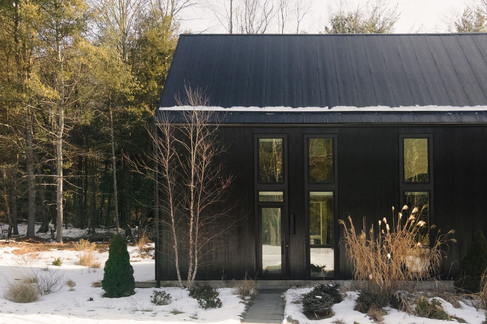 Built just a few years ago, this black Catskills cabin has 30-foot ceilings, 10 acres of land, and it comes fully furnished.