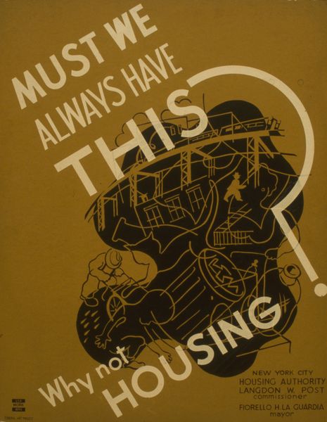 A 1936 poster promoting planned housing as the solution to a host of inner-city problems, showing an inkblot on which are drawn elements of inner-city life.