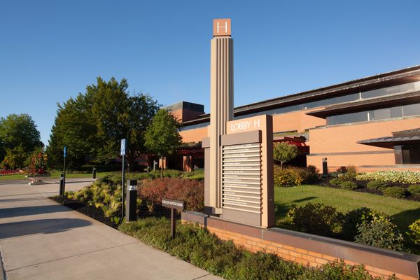 The exterior of Domino’s Farms in Ann Arbor, Michigan—a sprawling office park designed to evoke Frank Lloyd Wright’s Prairie style.