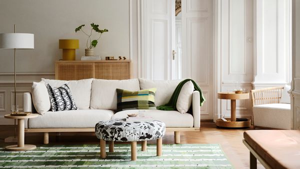 The other sofa in the collection is made of cotton/linen, leather and solid pine.